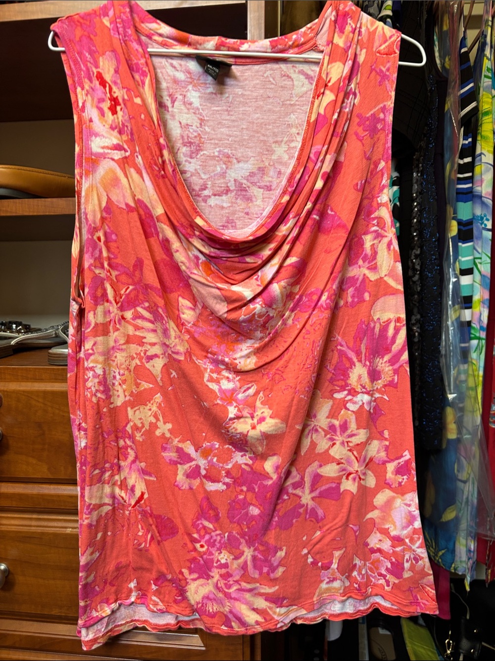 Women's Floral Drape Neck Tank Top - Pink & Orange